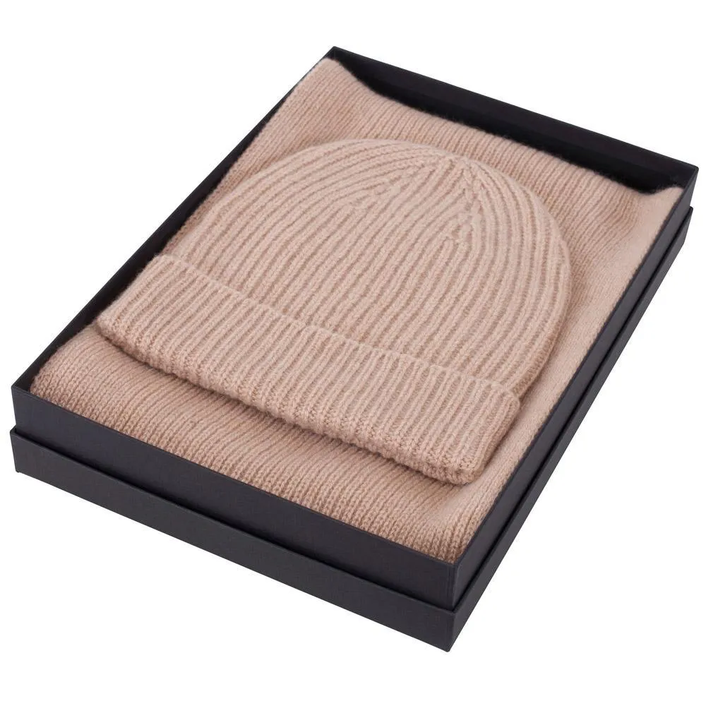 100% Cashmere Ribbed Beanie Hat & Scarf Gift Set