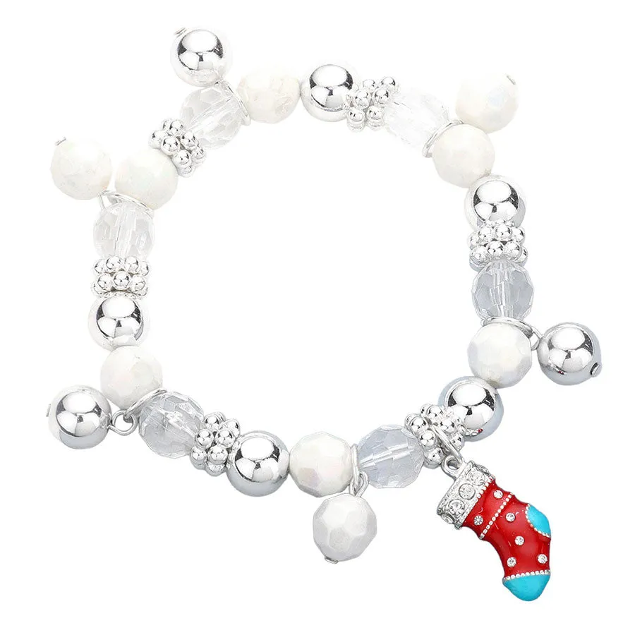 3D Enamel Christmas Socks Charm Beaded Stretch Bracelet