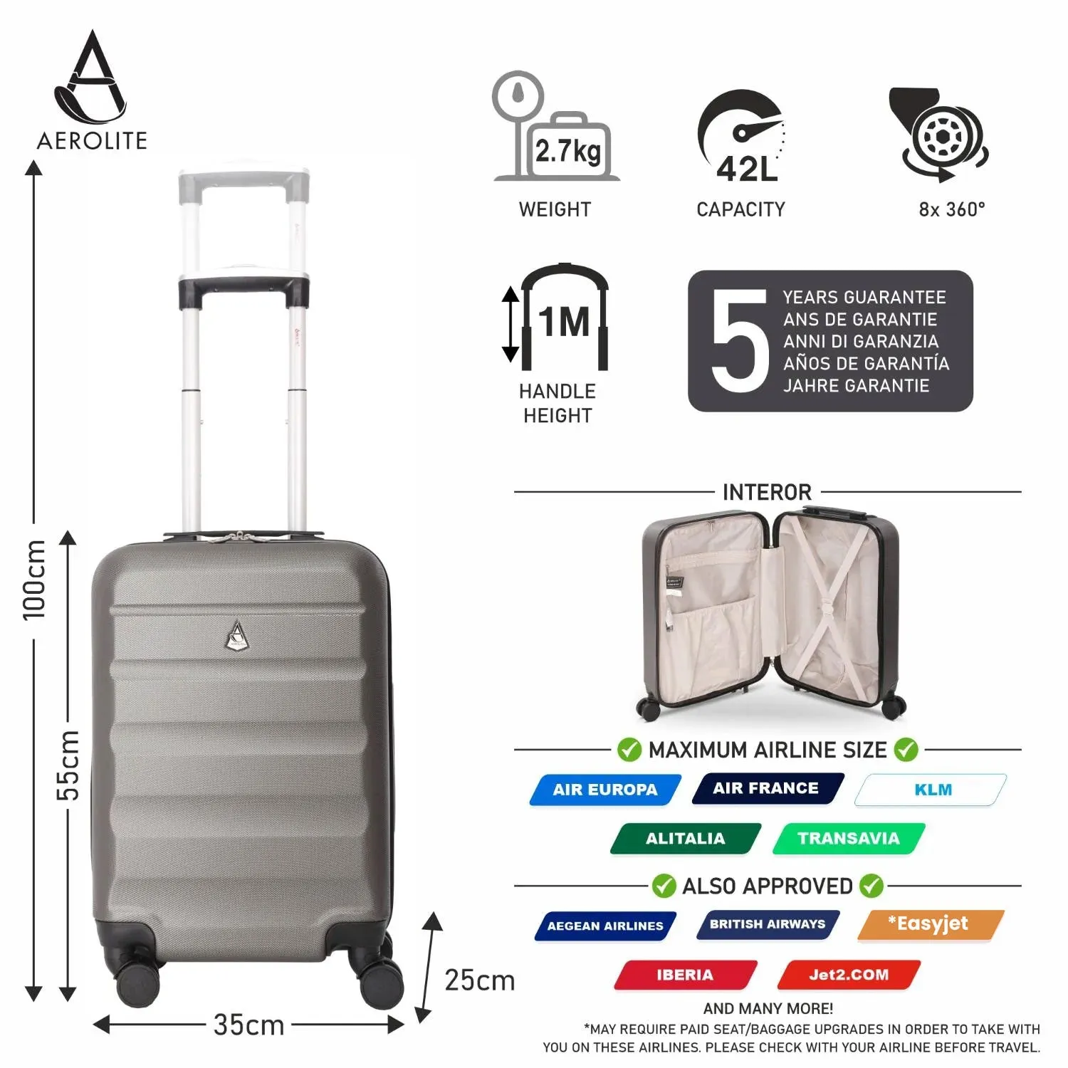 Aerolite (55x35x25cm) Hard Shell Carry On Hand Cabin Luggage Suitcase with 4 Wheels, Max Size for Air Europa, Air France, Alitalia, KLM & Transavia