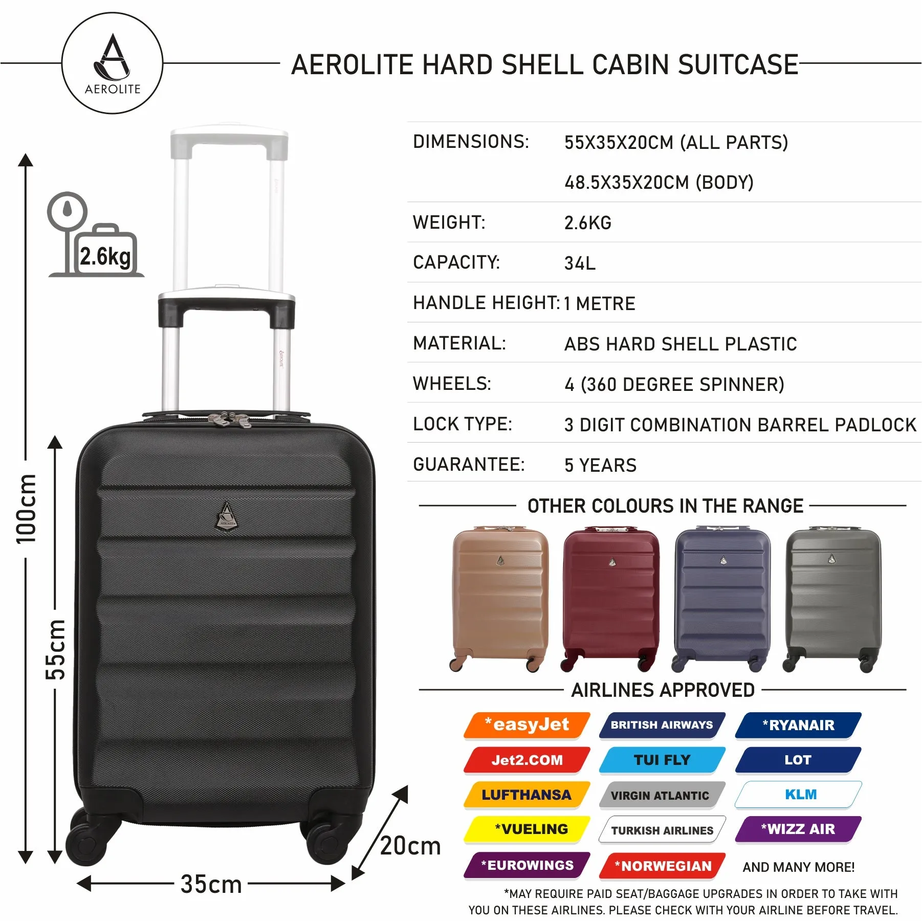 Aerolite Lightweight ABS Hard Shell Travel Hold Check in Luggage Suitcase 4 Wheels, Black