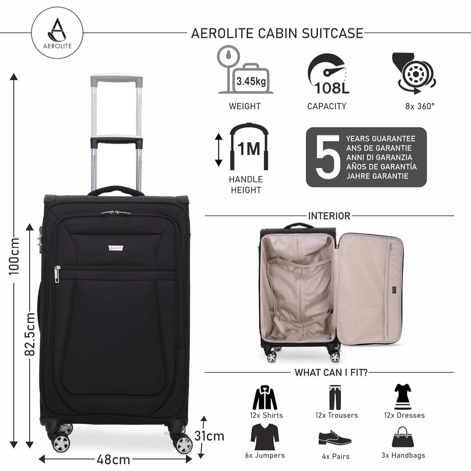 Aerolite Reinforced Super Strong and Light 4 Wheel Lightweight Cabin & Hold Check in Luggage Suitcase, Double-Tube Retractable Trolley Handle, 10 Year Guarantee