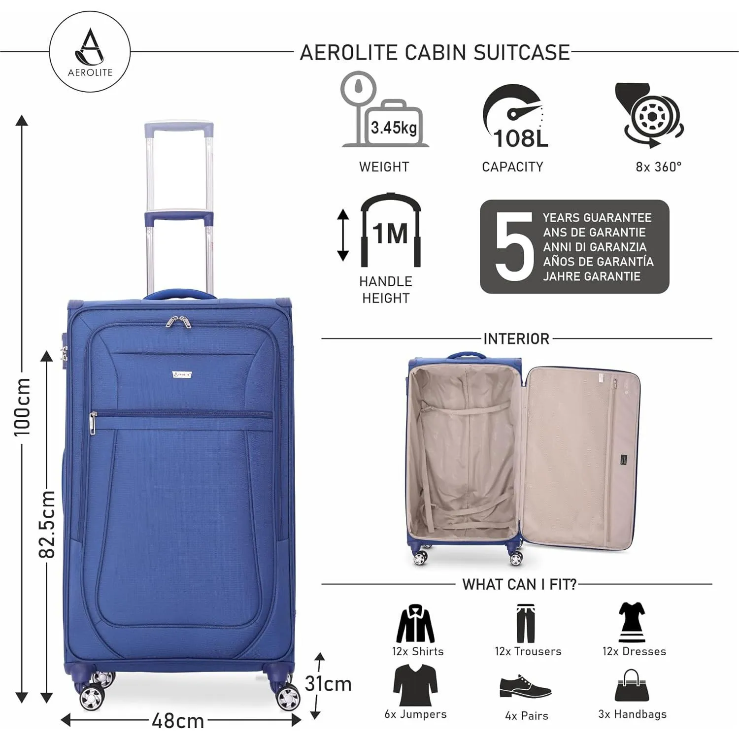 Aerolite Reinforced Super Strong and Light 4 Wheel Lightweight Cabin & Hold Check in Luggage Suitcase, Double-Tube Retractable Trolley Handle, 10 Year Guarantee