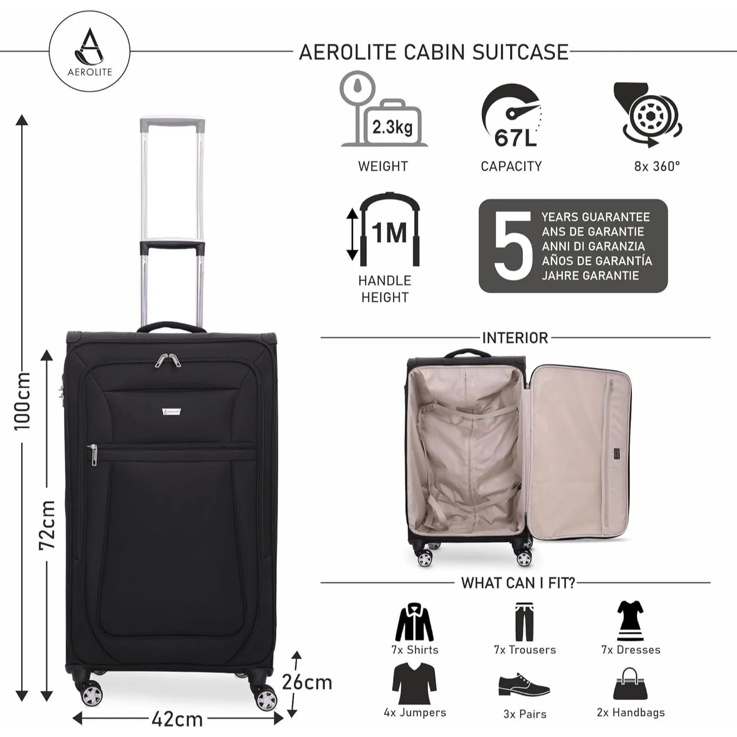 Aerolite Reinforced Super Strong and Light 4 Wheel Lightweight Cabin & Hold Check in Luggage Suitcase, Double-Tube Retractable Trolley Handle, 10 Year Guarantee