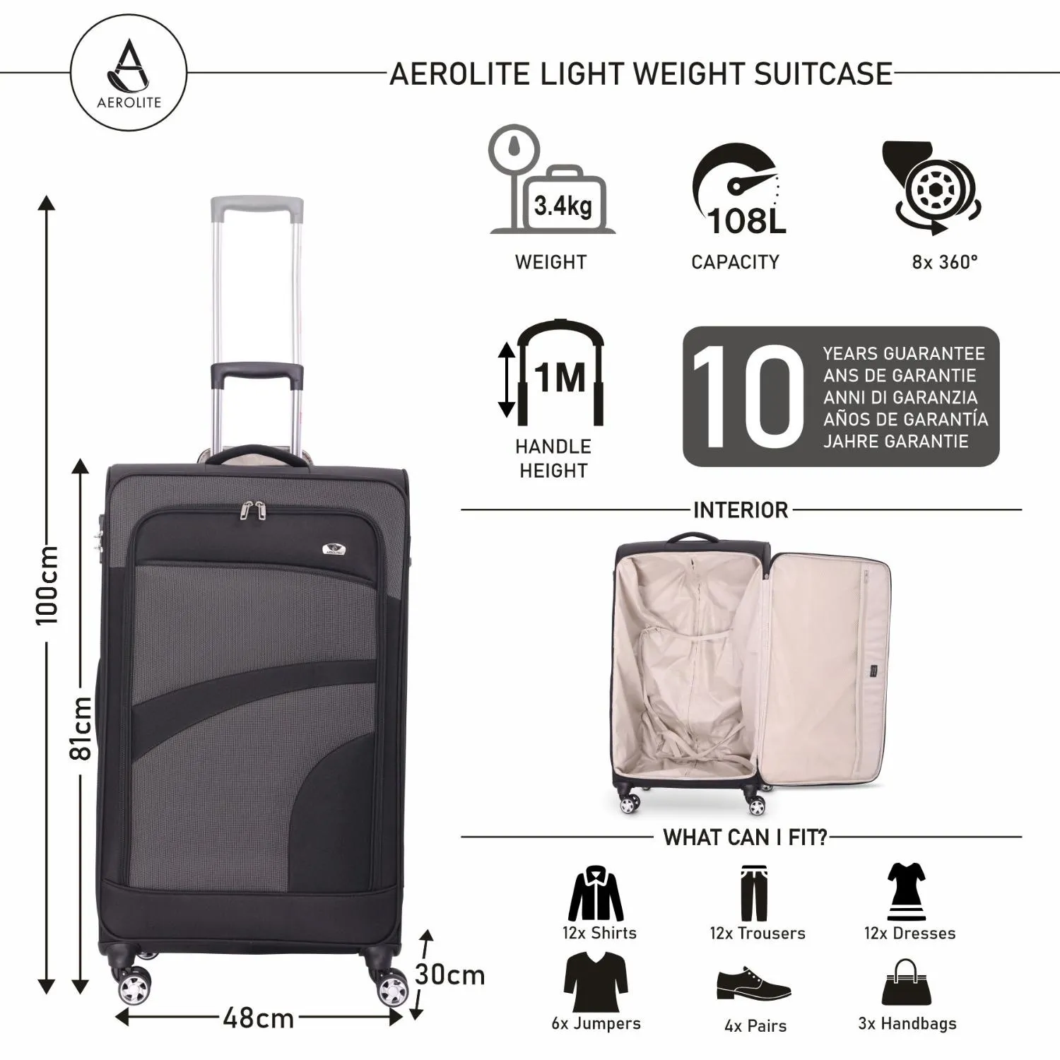 Aerolite Super Lightweight 4 Wheels Soft Shell Cabin & Hold Luggage Set of 3, Cabin Size Approved for Ryanair (Priority), easyJet (Plus/Large Cabin), British Airways, Delta, Lufthansa, (Cabin 21", Medium 26", Large 30")