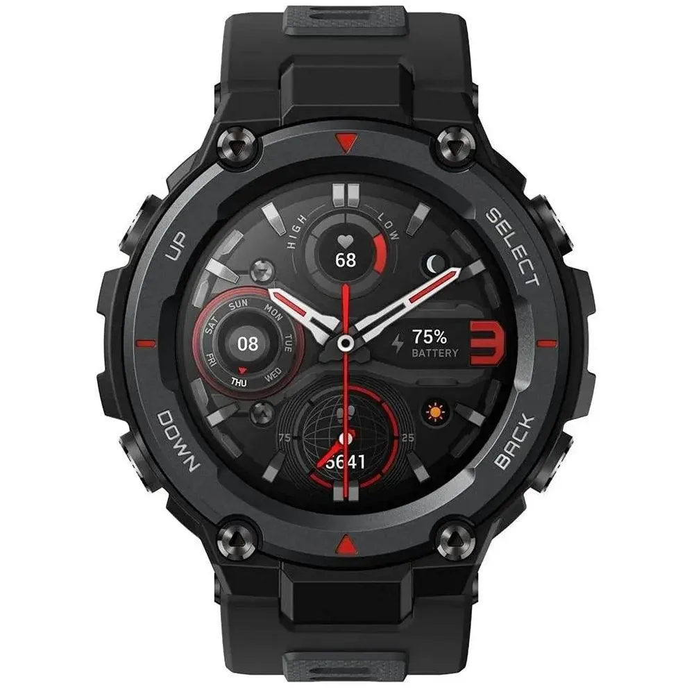 Amazfit T-Rex Pro Smart Watch (48mm - GPS) Polycarbonate Case With Meteorite Black Silicone Rubber Strap