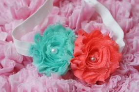 Baby girl mint headband -- Shabby Rose Double flower mint and coral on a white headband