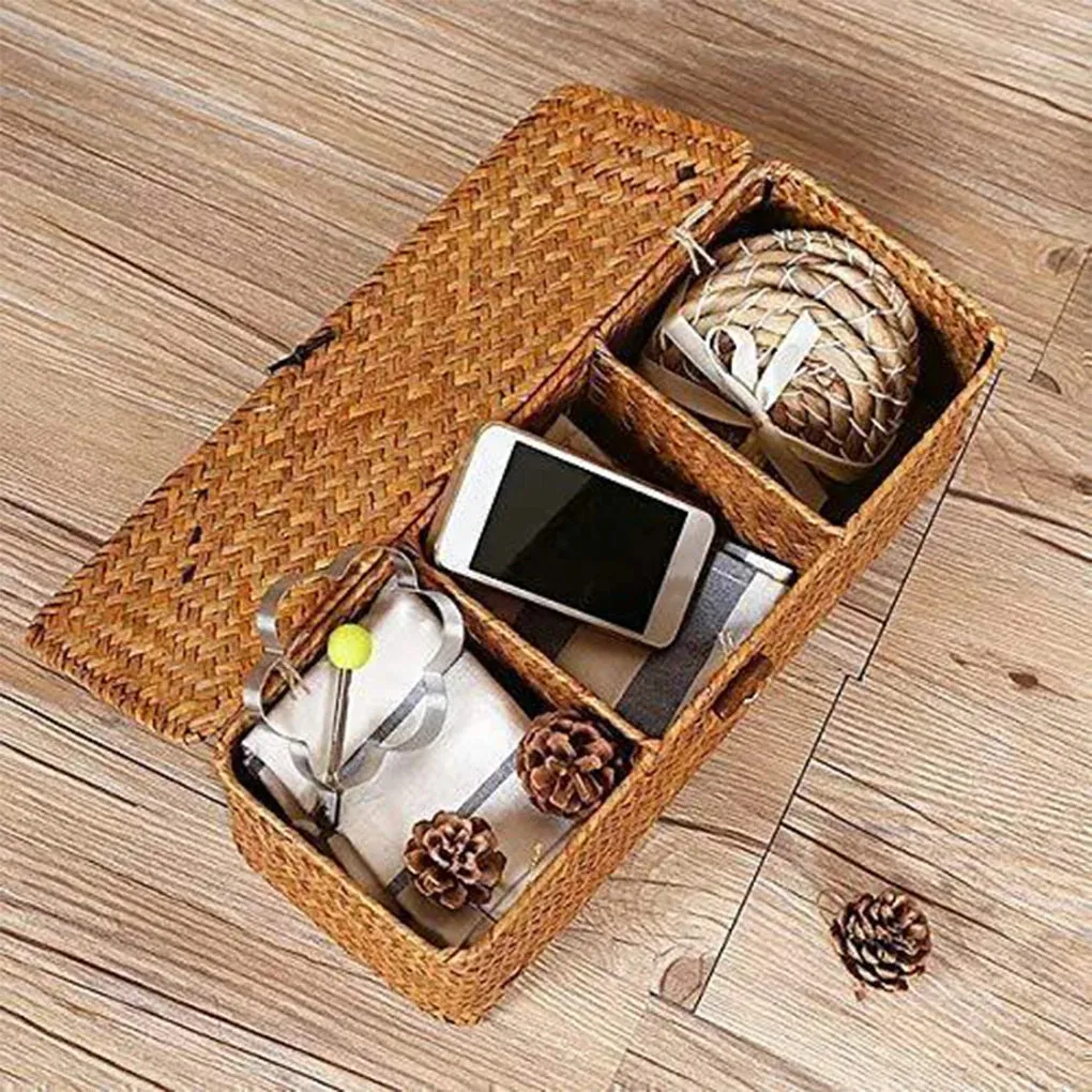 Bamboo Weaving Storage Box 3 Grids Cosmetic Bathroom Sundries Basket Make Up Handmade Case Home Organizers Supplies