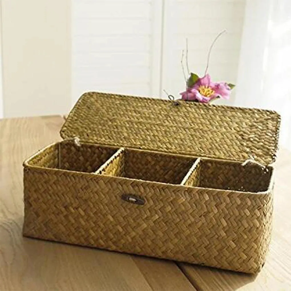 Bamboo Weaving Storage Box 3 Grids Cosmetic Bathroom Sundries Basket Make Up Handmade Case Home Organizers Supplies