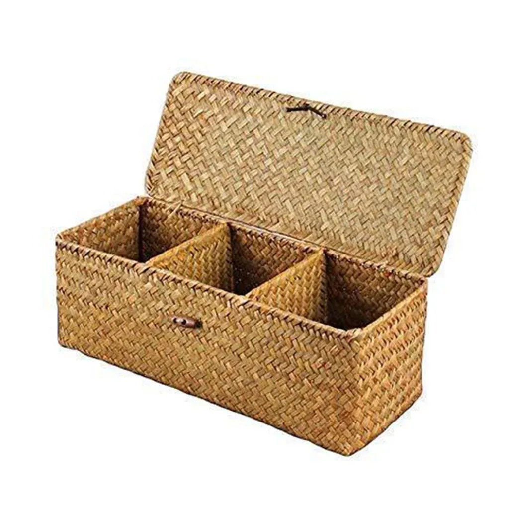 Bamboo Weaving Storage Box 3 Grids Cosmetic Bathroom Sundries Basket Make Up Handmade Case Home Organizers Supplies