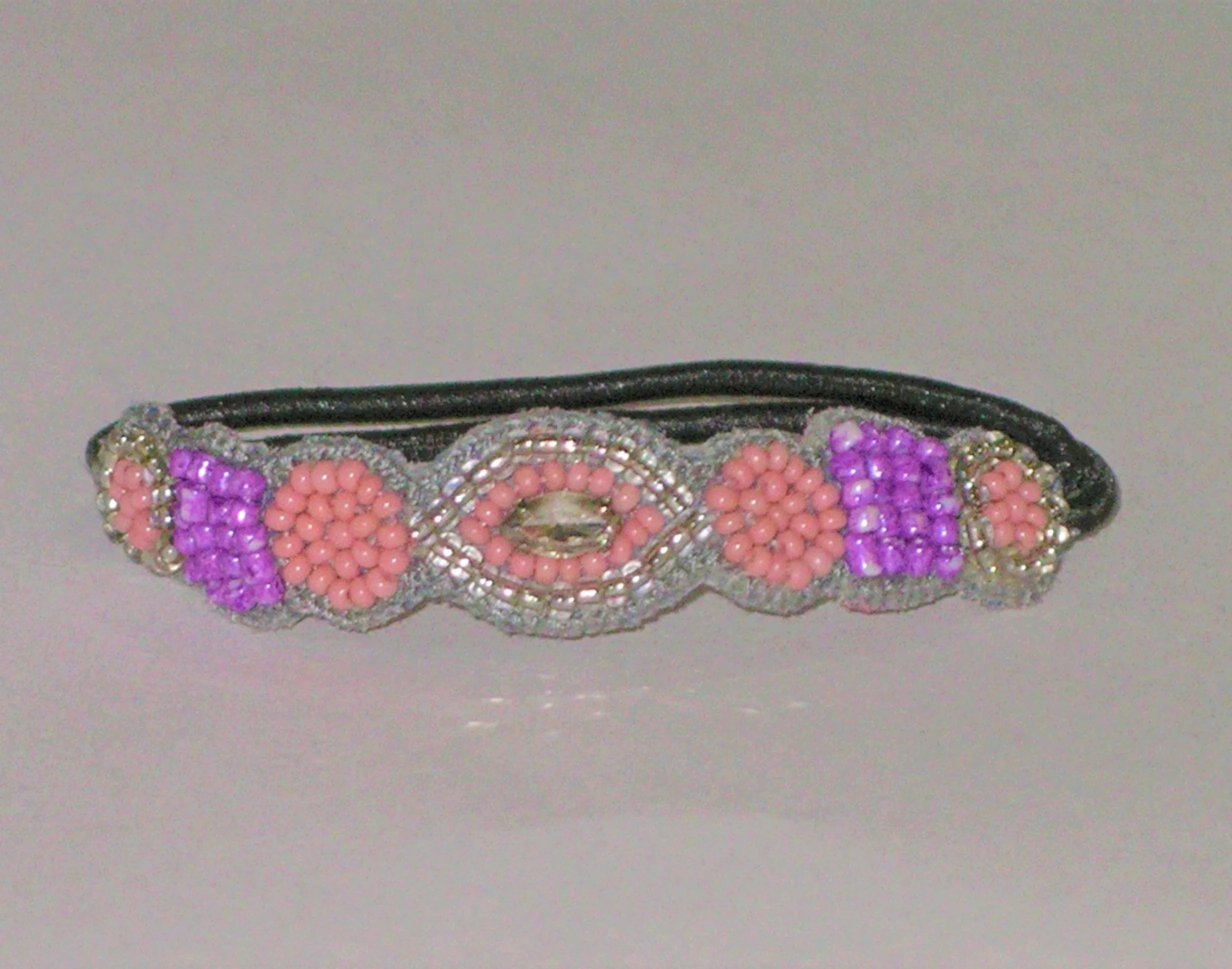 Beaded Boho Hair Tie By Deepa Gurnani Pink And Purple Seed Beads With Clear Marquise Crystal  Hair Elastic Made In India Ponytail Holder