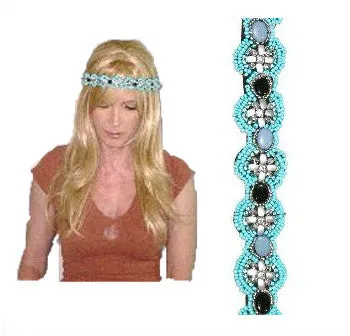 Beaded Boho Headband Turquoise Black & Silver Indian Seed Beads Stones Studs Tribal Hippie Head Band