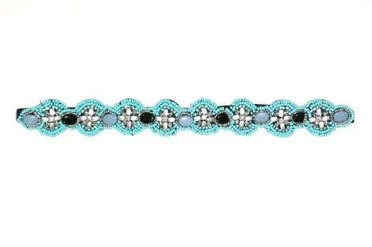 Beaded Boho Headband Turquoise Black & Silver Indian Seed Beads Stones Studs Tribal Hippie Head Band