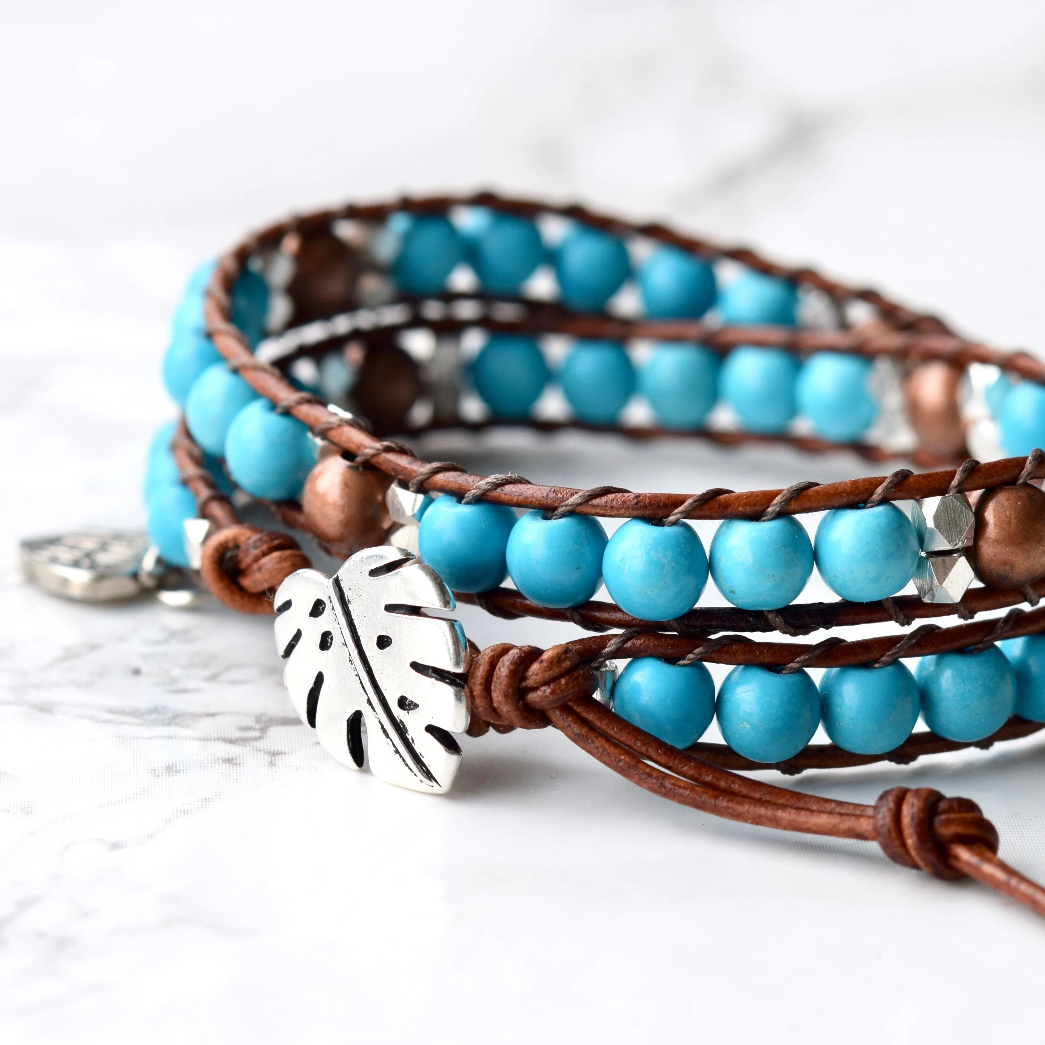 Beaded Turquoise Leather Wrap Bracelet With Monstera Button