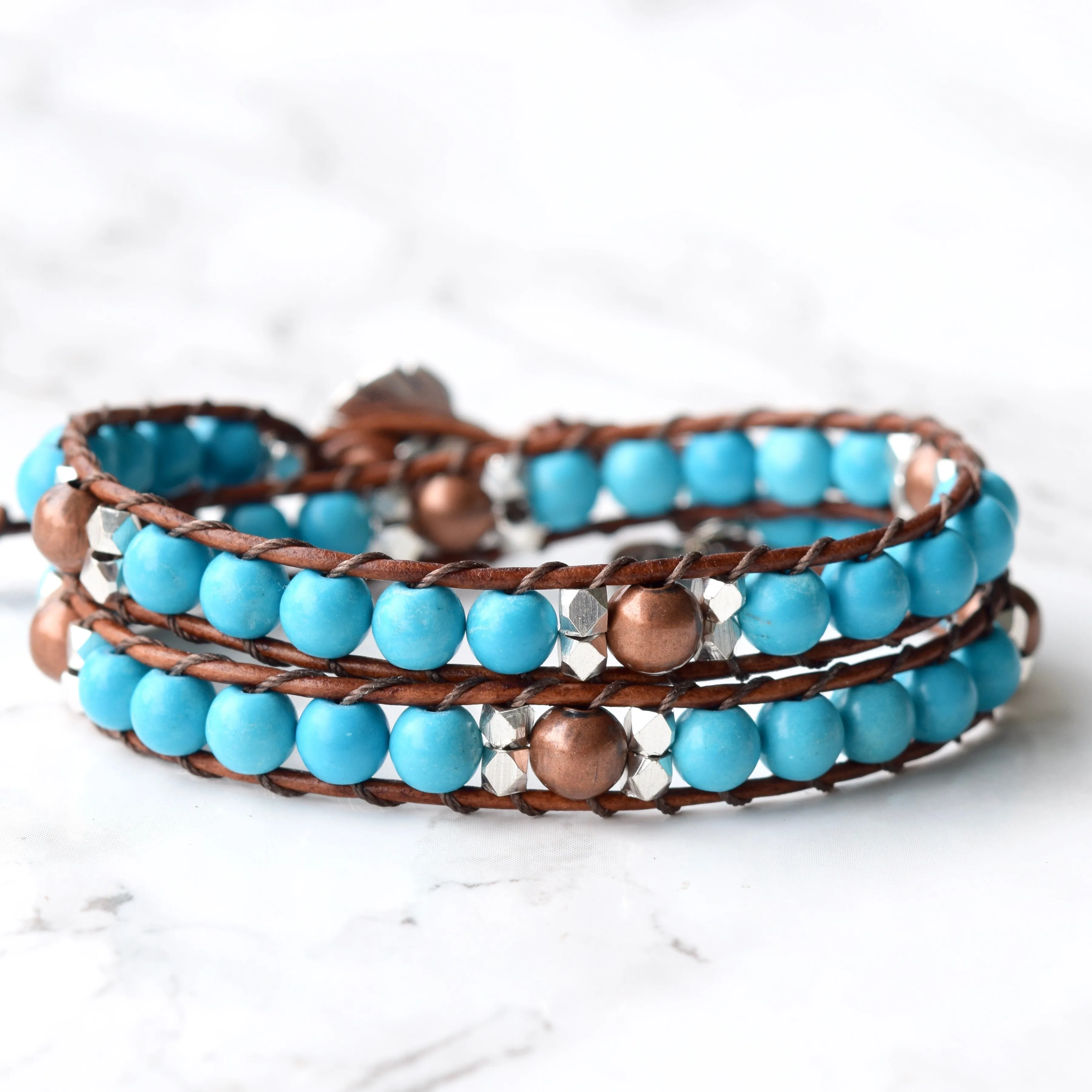 Beaded Turquoise Leather Wrap Bracelet With Monstera Button