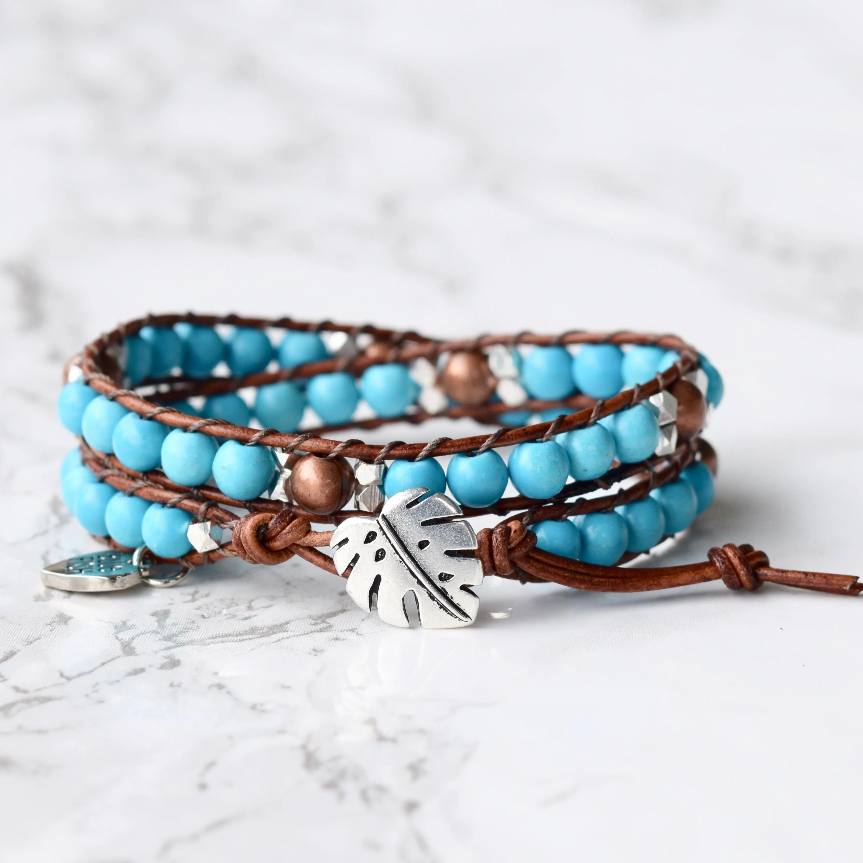 Beaded Turquoise Leather Wrap Bracelet With Monstera Button