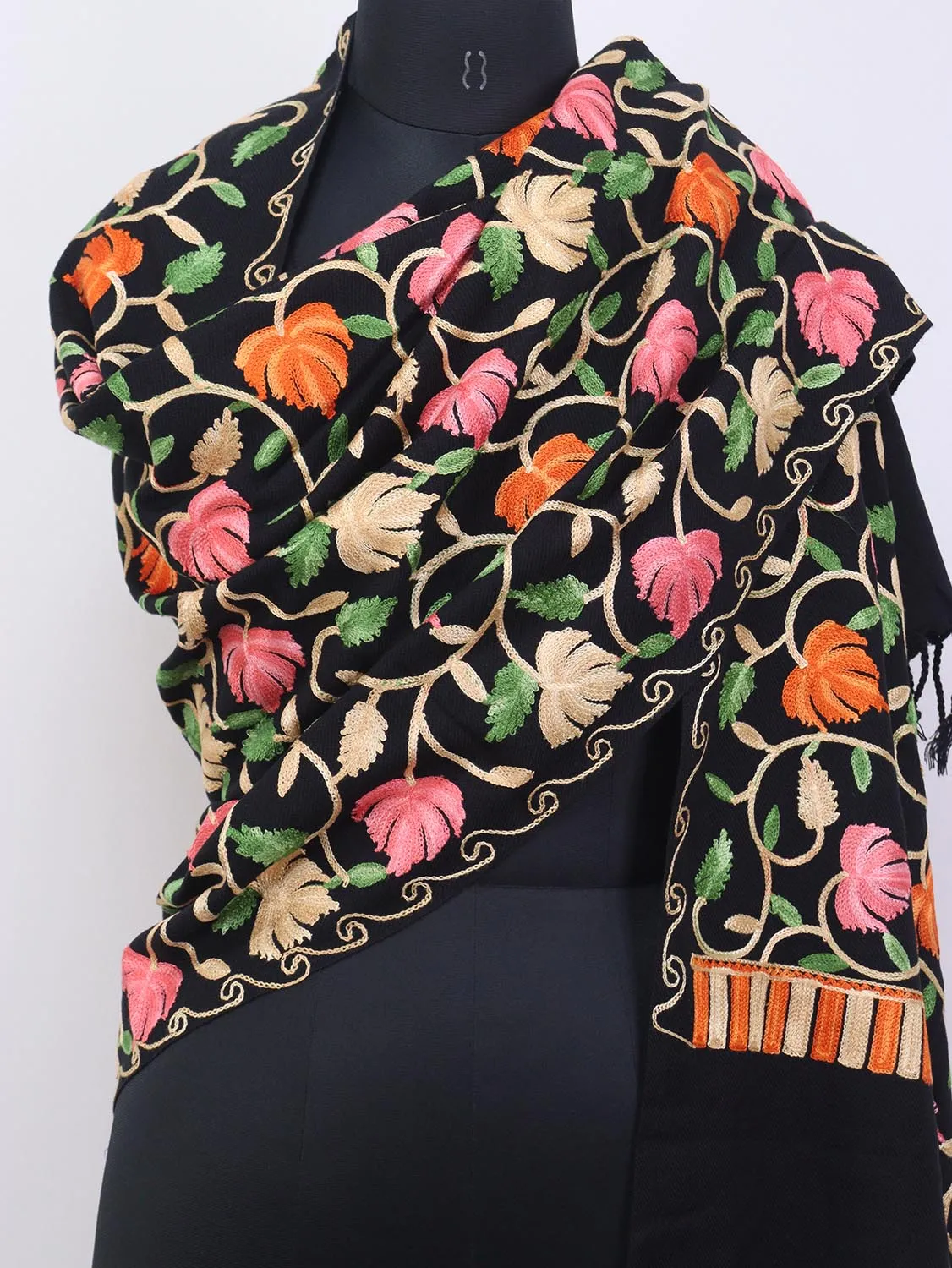 Black Embroidered Kashmiri Aari Work Woollen Stole