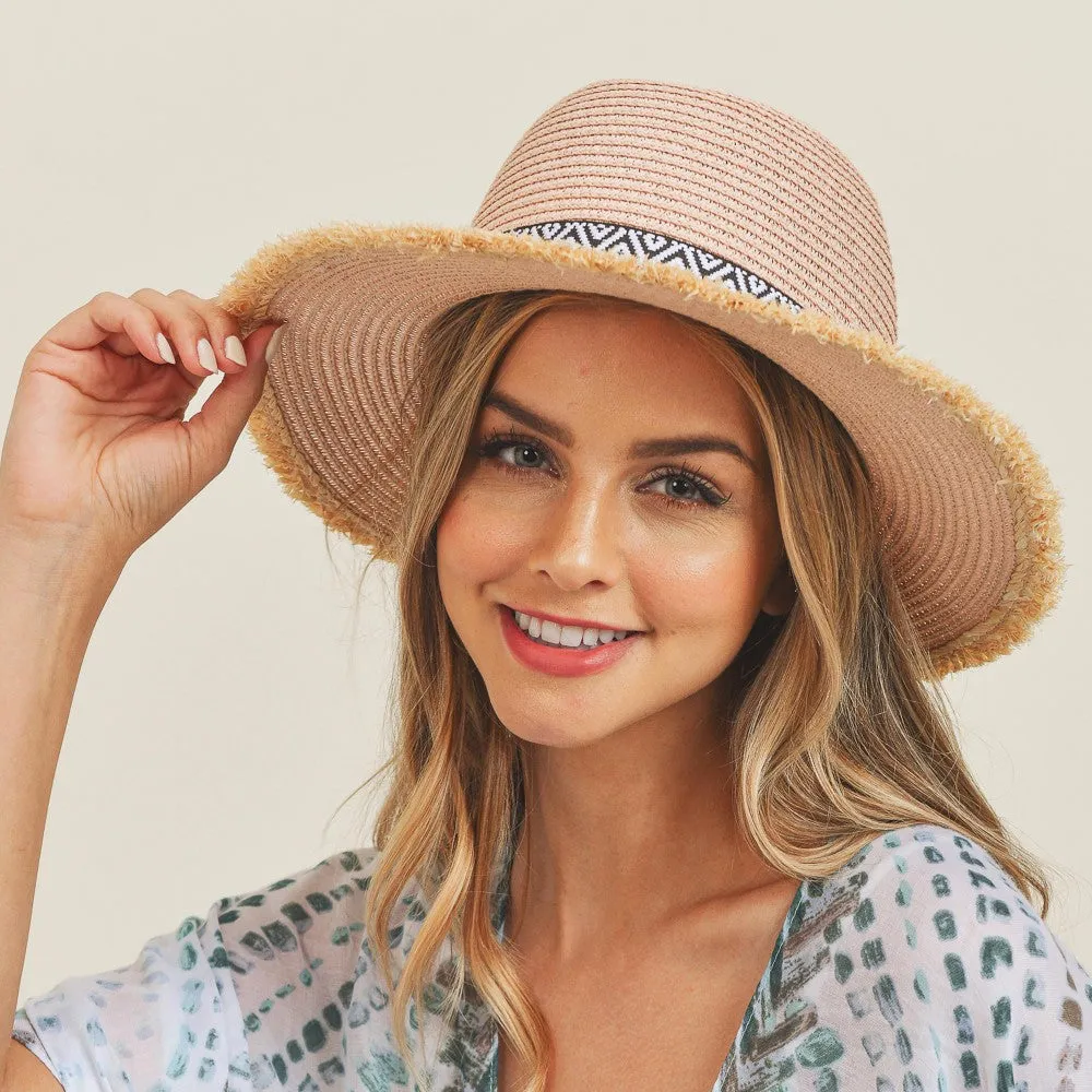 BLUSH STRAW PANAMA HAT WITH BLACK AND WHITE AZTEC BAND AND FRAYED EDGES