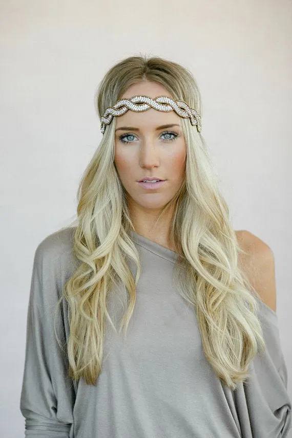 Boho Beaded Crystals Headband Braided Bronze Seed Beads & Clear Rhinestones Sold Out Everywhere!