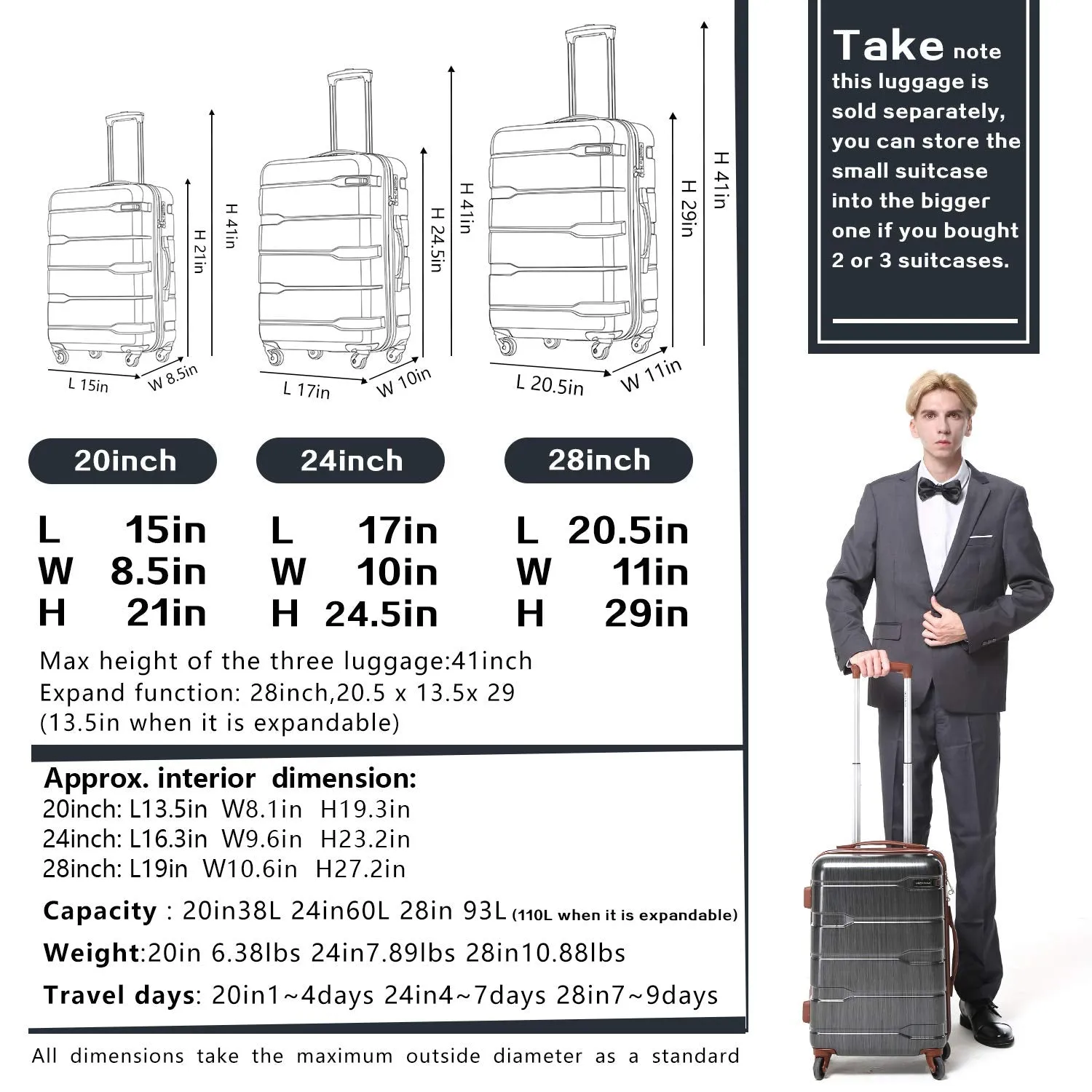 COOLIFE Luggage Expandable(only 28") Suitcase PC ABS Spinner Built-in TSA Lock 20in 24in 28in Carry on