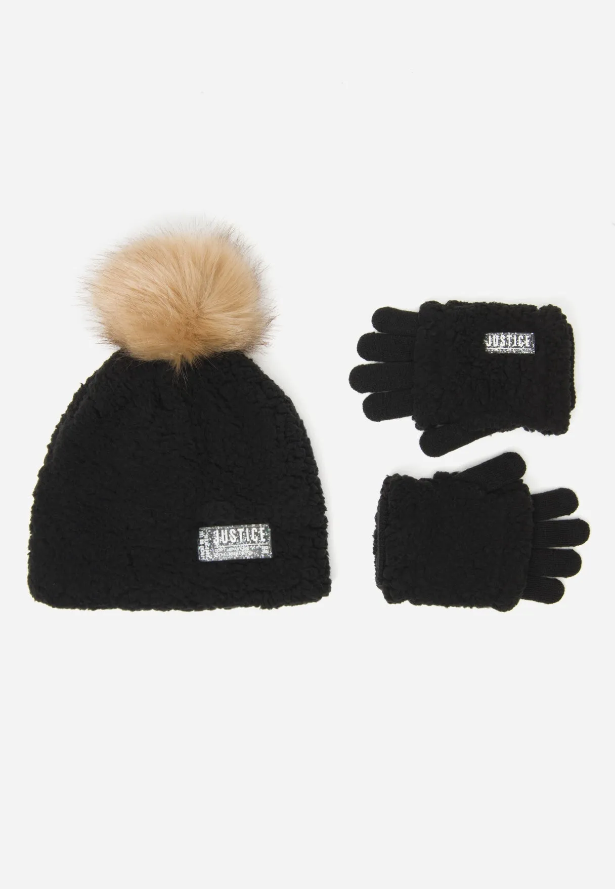 Faux Sherpa Pom-Pom Beanie Hat & Gloves