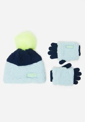 Faux Sherpa Pom-Pom Beanie Hat & Gloves