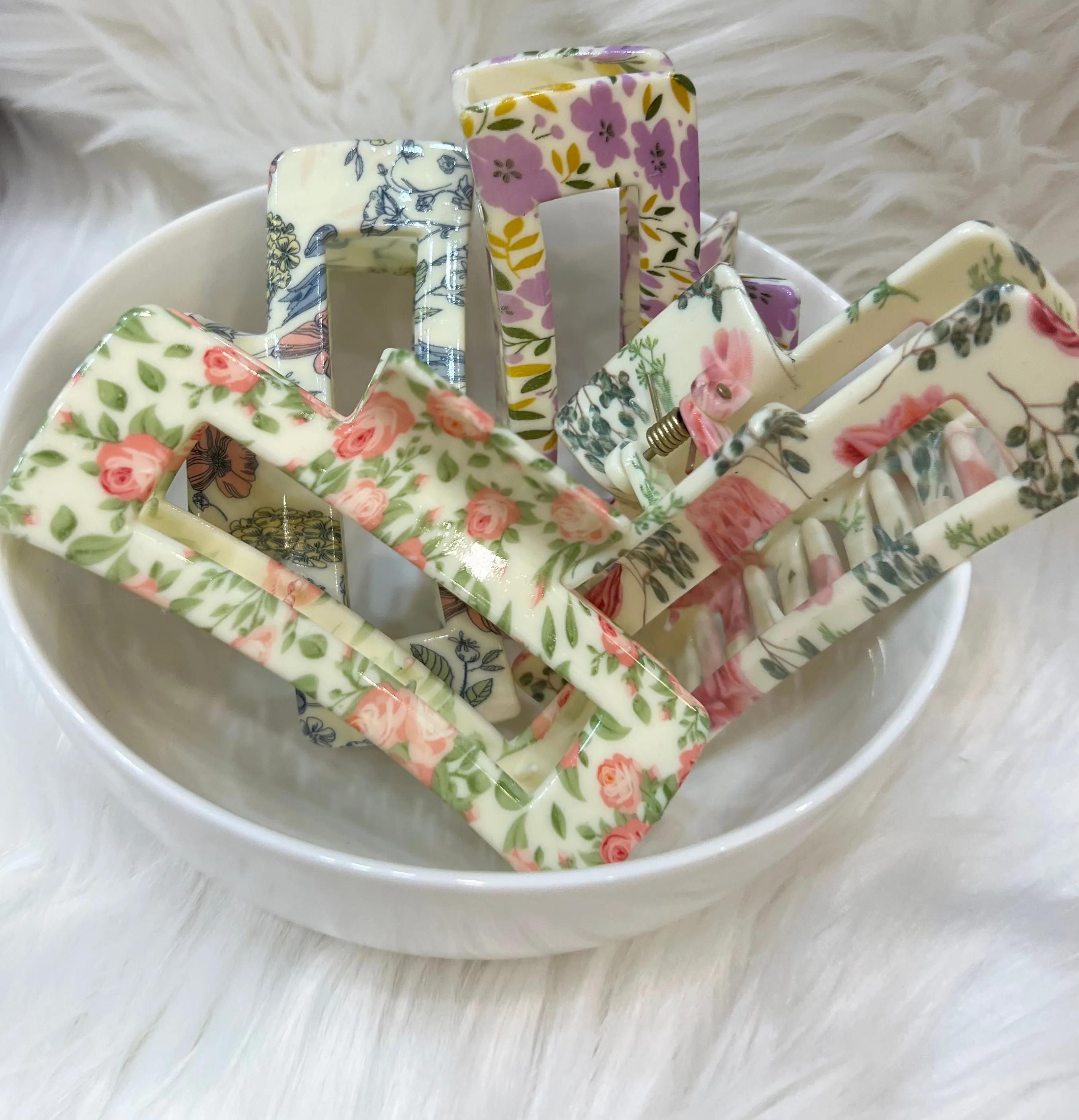 Floral Printed Rectangle Hair Claw Clip