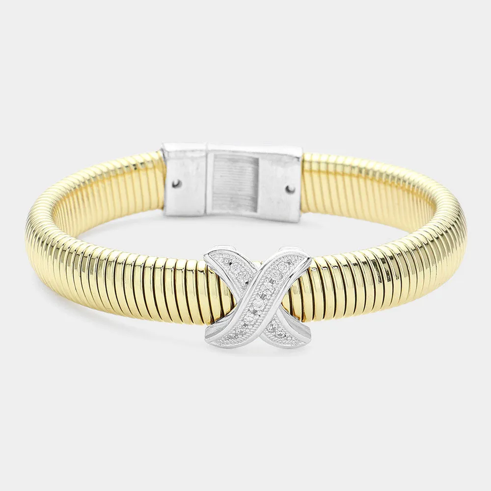 Gold CZ Paved Cross Cross Two Tone Coil Bangle Bracelet