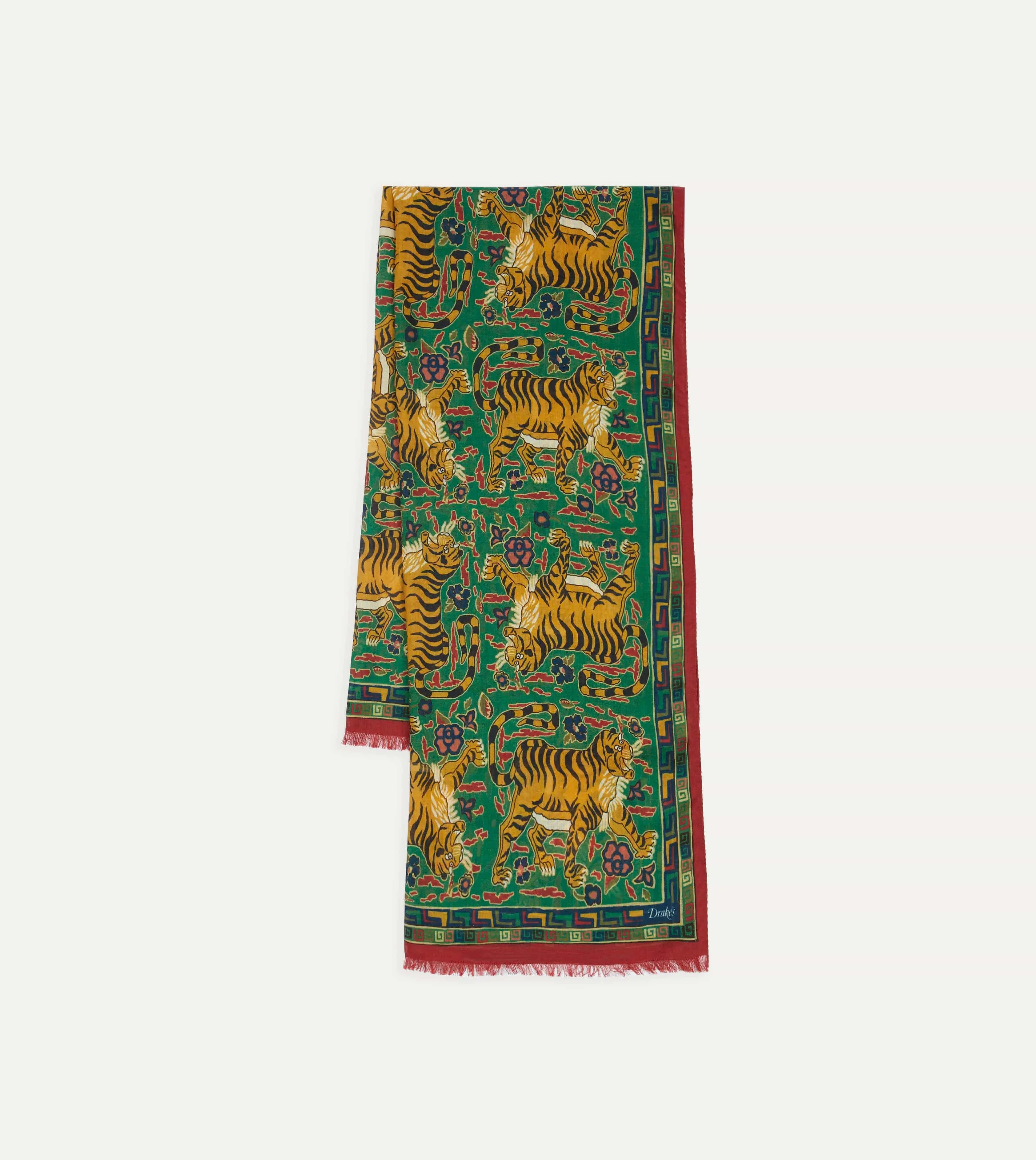 Luxurious Green Jumbo Tiger Print Wool-Silk Blend Scarf