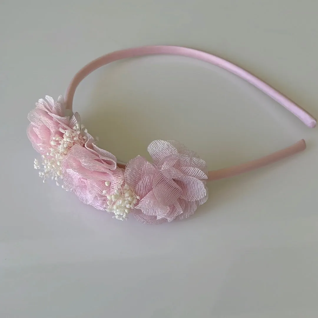 Natural fabric flowers and baby breath headband