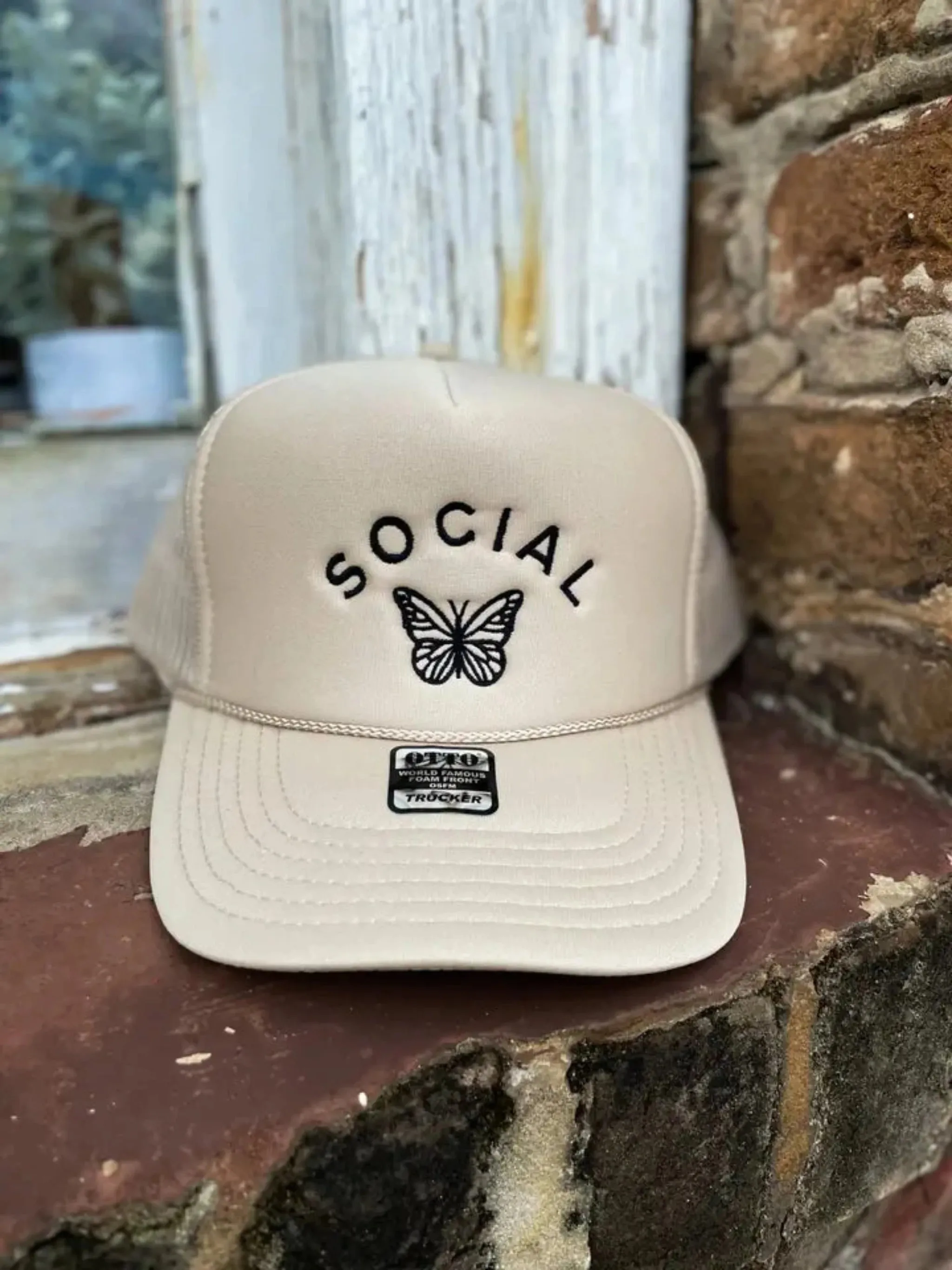 Social Butterfly Trucker Hat - Tan