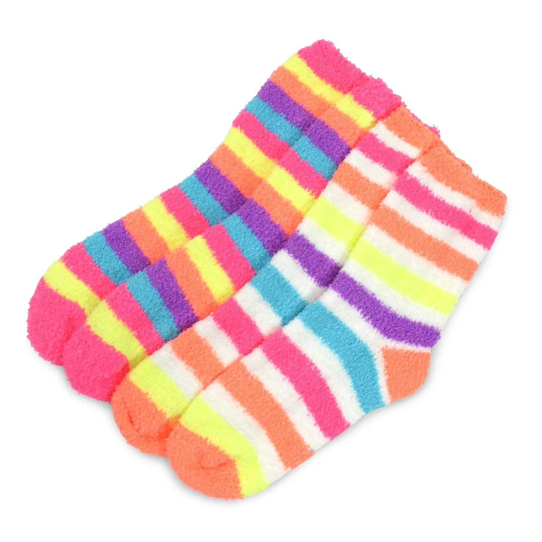 TeeHee Socks Women's Fuzzy Polyester Crew Neon Stripes 2-Pack (18001)