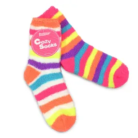 TeeHee Socks Women's Fuzzy Polyester Crew Neon Stripes 2-Pack (18001)