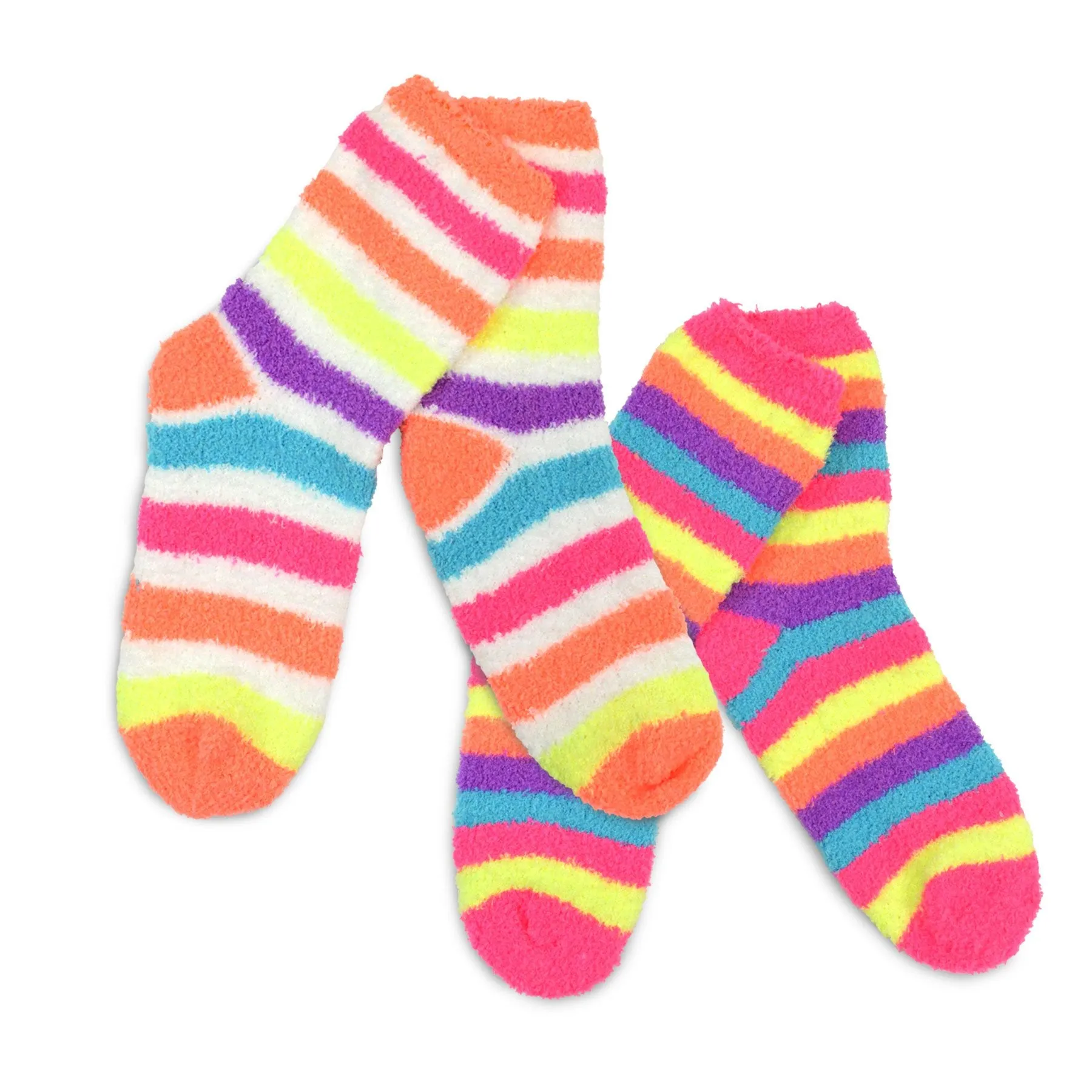 TeeHee Socks Women's Fuzzy Polyester Crew Neon Stripes 2-Pack (18001)